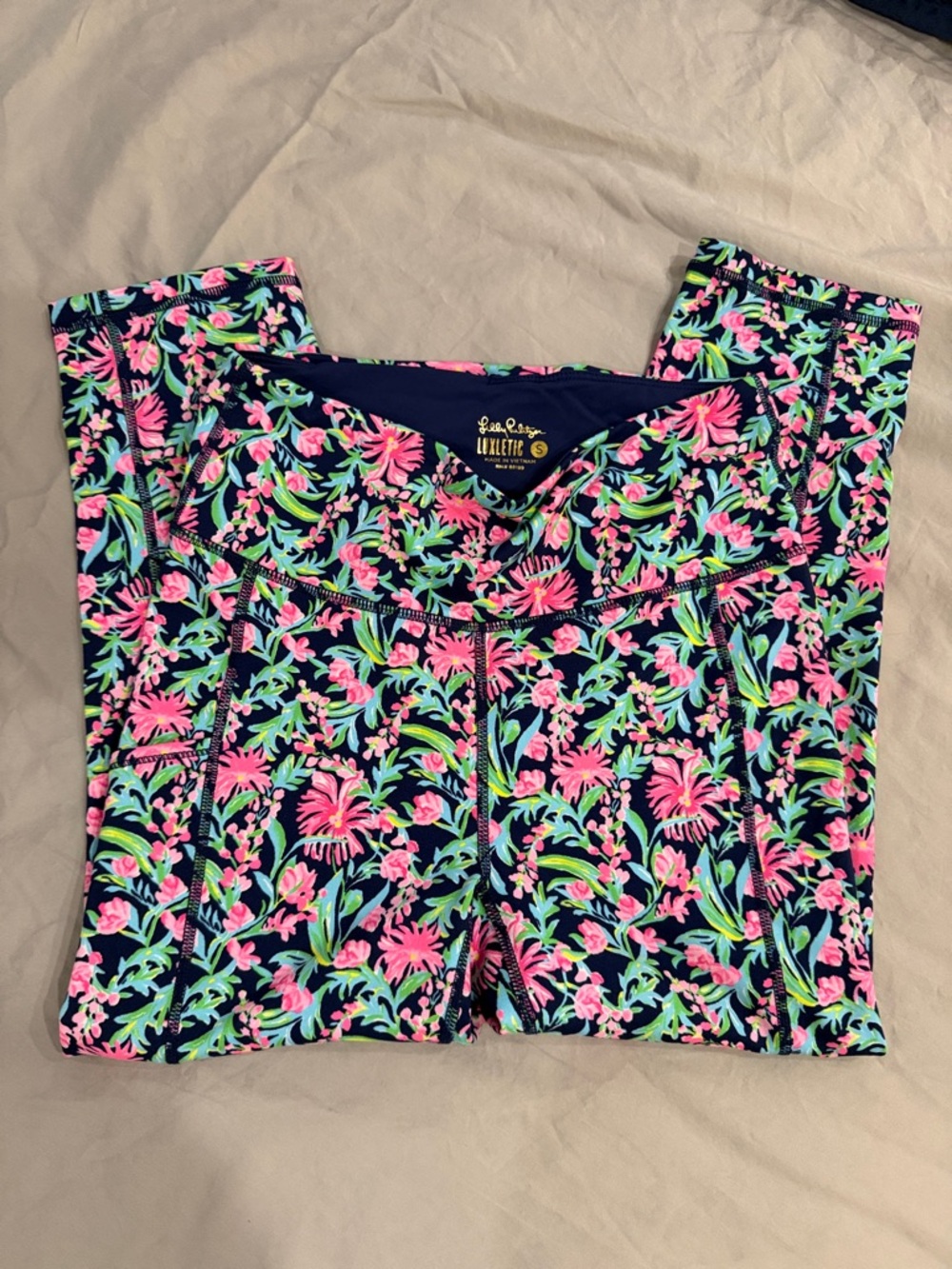 Lilly Pulitzer Athletic Floral Leggings - Navy with Pink & Aqua floral designs.
